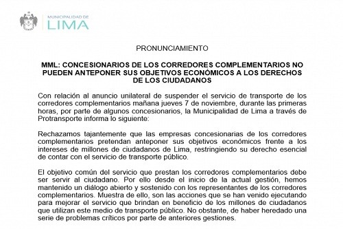 Municipalidad de Lima informa sobre situación en los corredores complementarios