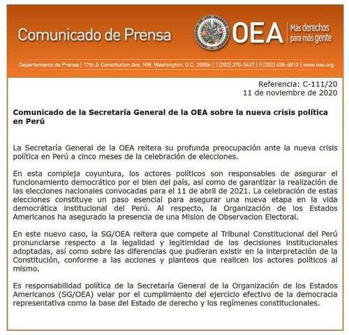 Secretaría General de la OEA expresa su preocupación por la crisis política en el Perú