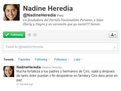 Nadine Heredia pide fortaleza a los padres de Ciro