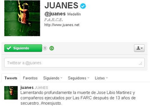 Juanes lamentó la muerte de cuatro rehenes en Colombia