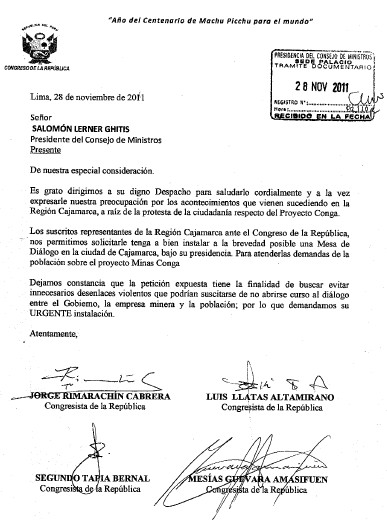 Congresistas cajamarquinos  piden a Primer Ministro suspensión del Proyecto Conga y  Mesa de Diálogo
