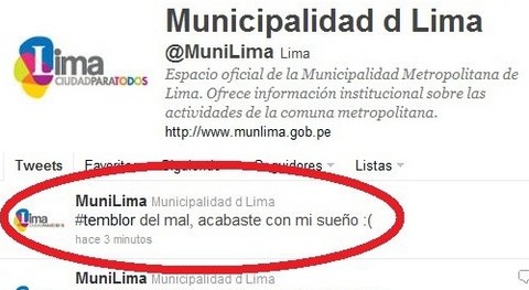 Municipalidad de Lima ironiza con temblor a través de Twitter