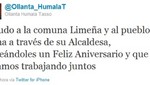 Ollanta Humala saludó a Lima por su aniversario vía Twitter