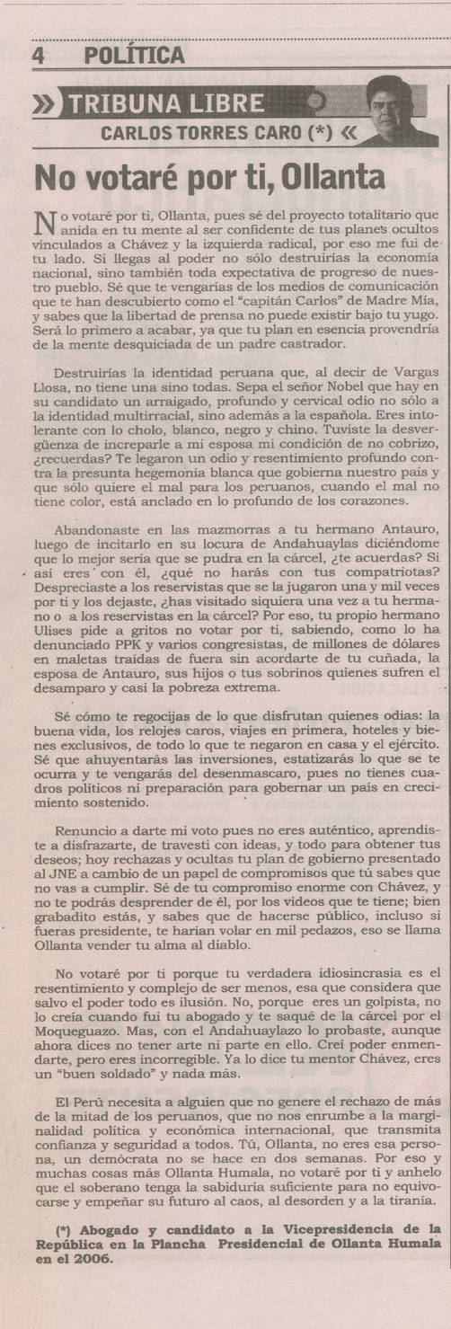 Torres Caro no votará por Ollanta Humala Torres Caro no votará por Ollanta Humala