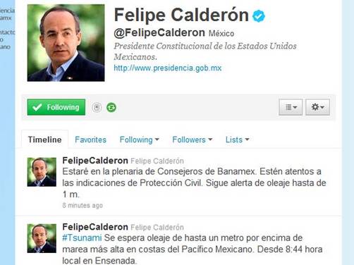 Presidente Calderón twitea alertas de tsunami en México