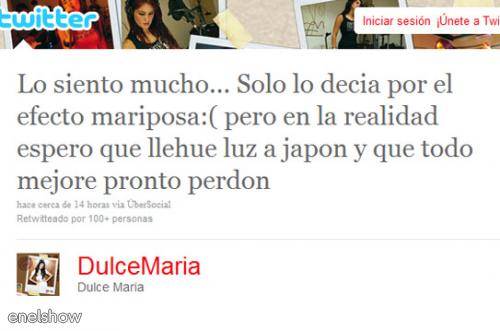 Dulce María se disculpa por twitt sobre tsunami en Japón