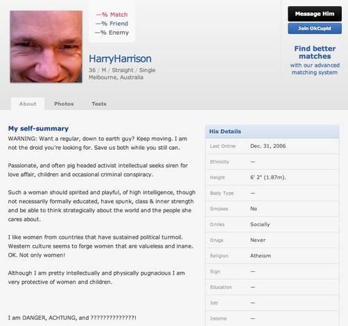 Filtran oscuro perfil de Assange en OKCupid