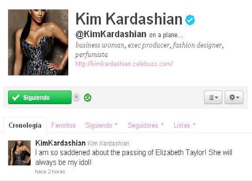 Kim Kardashian lamenta la muerte de Elizabeth Taylor en Twitter