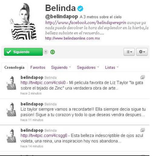 Belinda lamenta la muerte de Elizabeth Taylor en Twitter