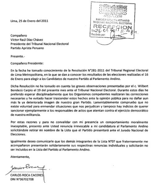 Carlos Roca renunció a ser candidato al Parlamento Andino por el Partido Aprista Peruano