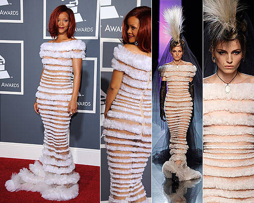Rihanna lució vestido de novia en los Grammy