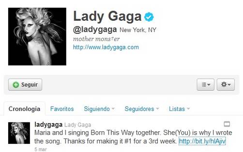 Lady Gaga dedica Tweet a María Aragon