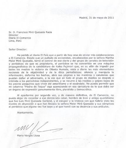 Mario Vargas Llosa renunció a publicar su columna Piedra de Toque en El Comercio