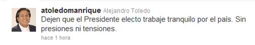 Alejandro Toledo pide a través de su cuenta Twitter que dejen tranquilo al presidente electo