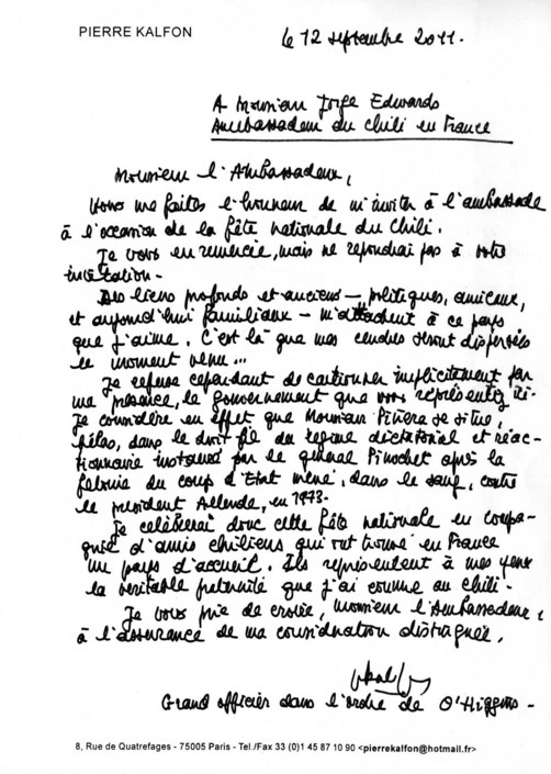 Carta de Pierre Kalfon al embajador de Chile en Francia