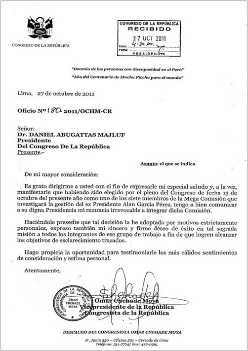 La carta de renuncia de Omar Chehade a la 'Megacomisión Alan García'