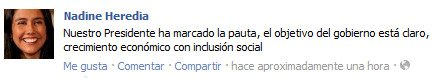 Nadine Heredia se expresó a través de Facebook sobre entrevista concedida por Ollanta Humala