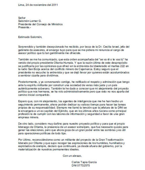 La carta de renuncia de Carlos Tapia a la PCM