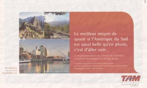 En Francia, TAM Airlines promociona Perú y Machu Picchu a través de su campaña de publicidad En Francia, TAM Airlines promociona Perú y Machu Picchu a través de su campaña de publicidad