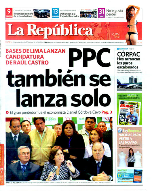 Portada de los diarios de Lima, 22 de noviembre de 2010