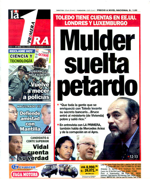 Portada de los diarios de Lima, 22 de noviembre de 2010