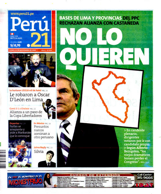 Portada de los diarios de Lima, 22 de noviembre de 2010