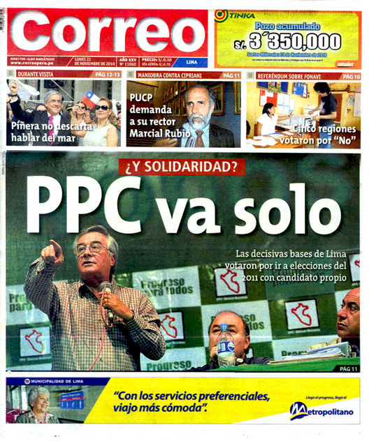 Portada de los diarios de Lima, 22 de noviembre de 2010