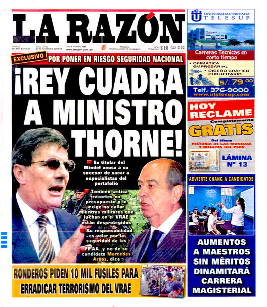 Portada de los diarios de Lima, 22 de noviembre de 2010