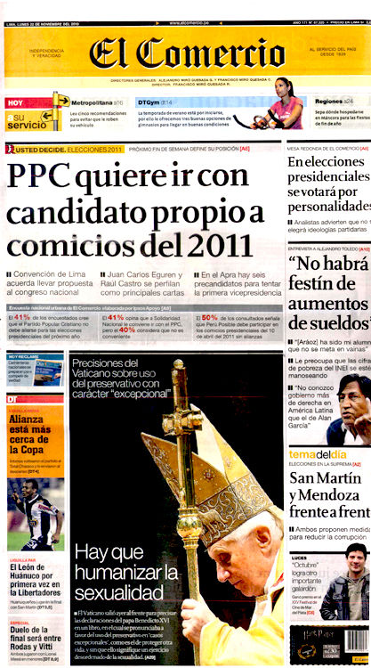 Portada de los diarios de Lima, 22 de noviembre de 2010