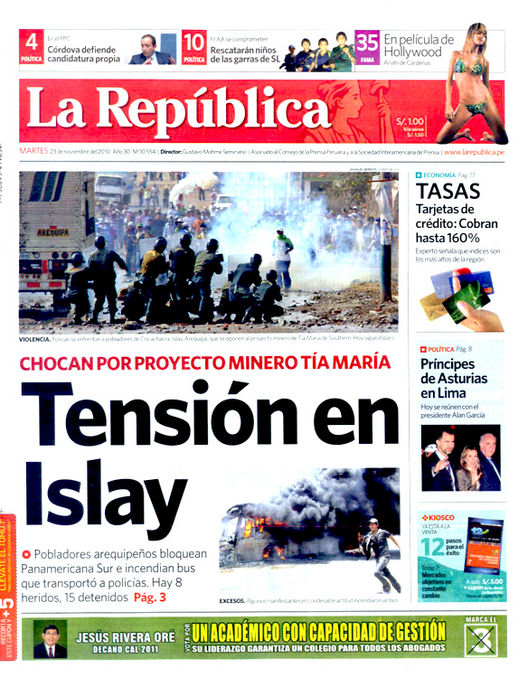 Portada de los diarios de Lima, 23 de noviembre de 2010