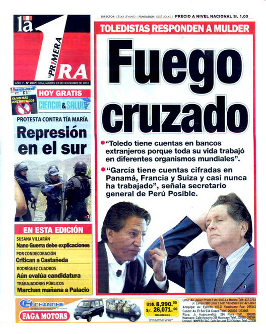 Portada de los diarios de Lima, 23 de noviembre de 2010