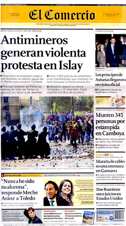 Portada de los diarios de Lima, 23 de noviembre de 2010