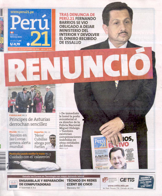 Portada de los diarios de Lima, 24 de noviembre de 2010