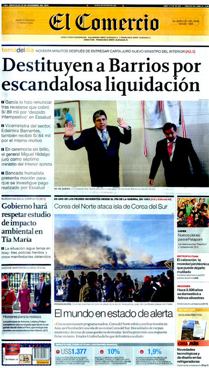 Portada de los diarios de Lima, 24 de noviembre de 2010