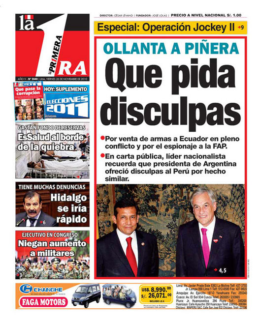 Portada de los diarios de Lima, 26 de noviembre de 2010