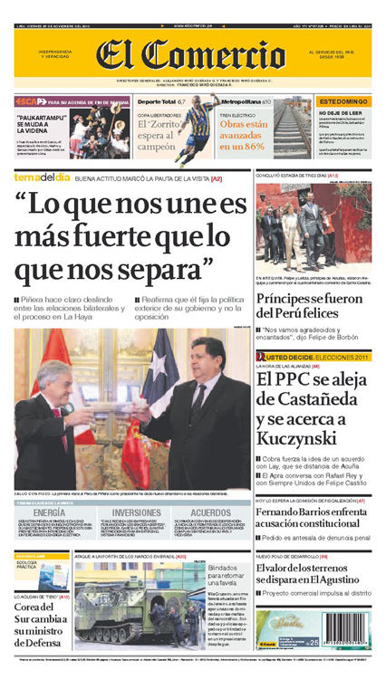 Portada de los diarios de Lima, 26 de noviembre de 2010