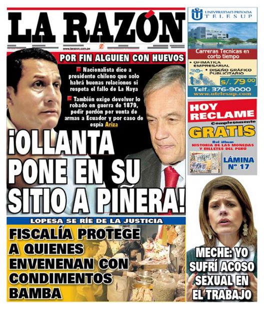 Portada de los diarios de Lima, 26 de noviembre de 2010