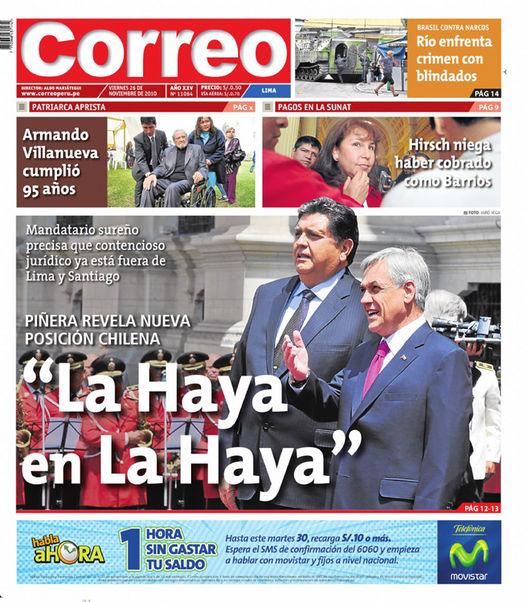 Portada de los diarios de Lima, 26 de noviembre de 2010