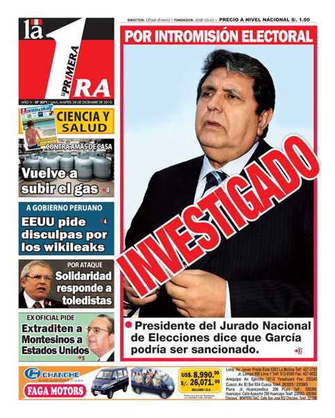 Portada de los diarios de Lima, 28 de diciembre de 2010