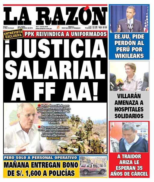 Portada de los diarios de Lima, 28 de diciembre de 2010