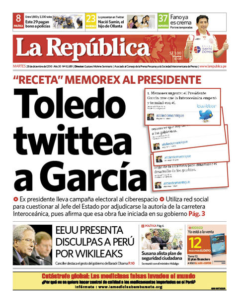 Portada de los diarios de Lima, 28 de diciembre de 2010