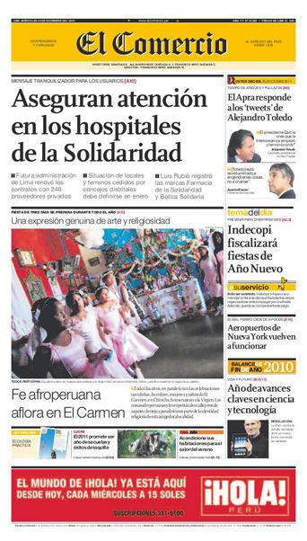 Portada de los diarios de Lima, 29 de diciembre de 2010