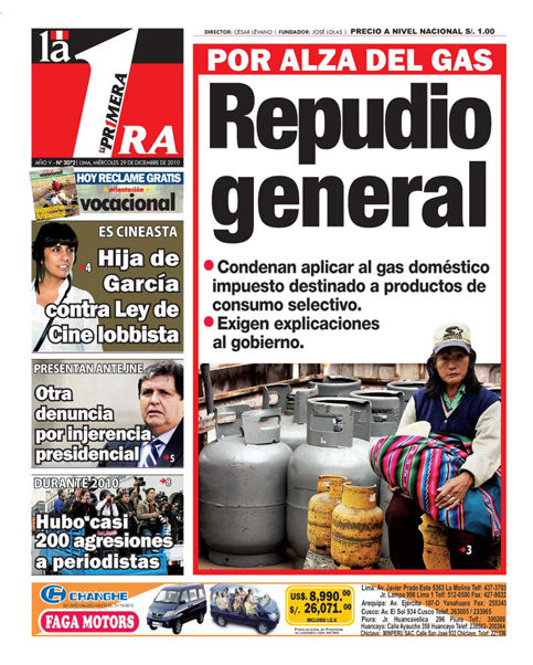Portada de los diarios de Lima, 29 de diciembre de 2010