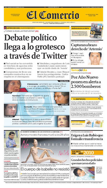 Portada de los diarios de Lima, 30 de diciembre de 2010