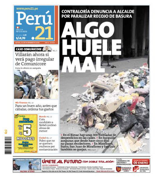 Portada de los diarios de Lima, 30 de diciembre de 2010