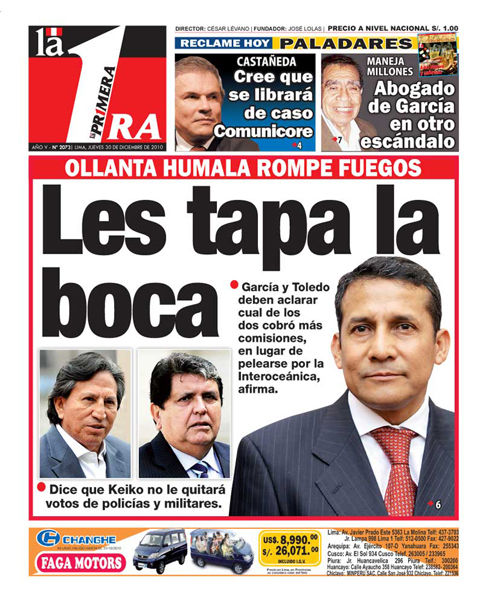 Portada de los diarios de Lima, 30 de diciembre de 2010