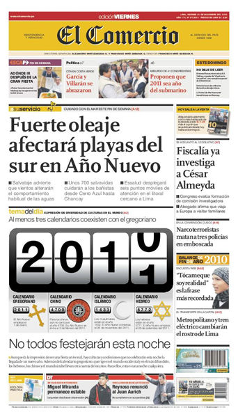 Portada de los diarios de Lima, 31 de diciembre de 2010