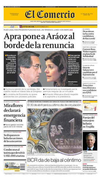 Portada de los diarios de Lima, 06 de enero de 2011