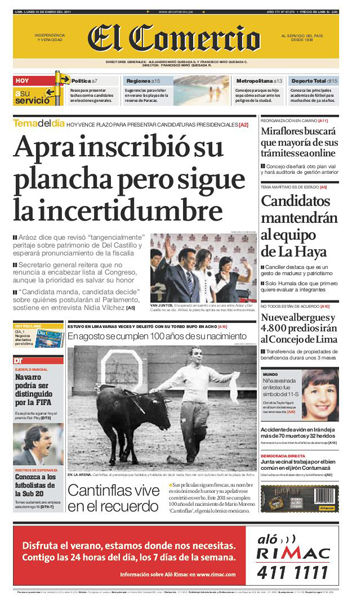 Portada de los diarios de Lima, 10 de enero de 2011