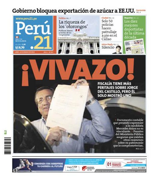 Portada de los diarios de Lima, 10 de enero de 2011